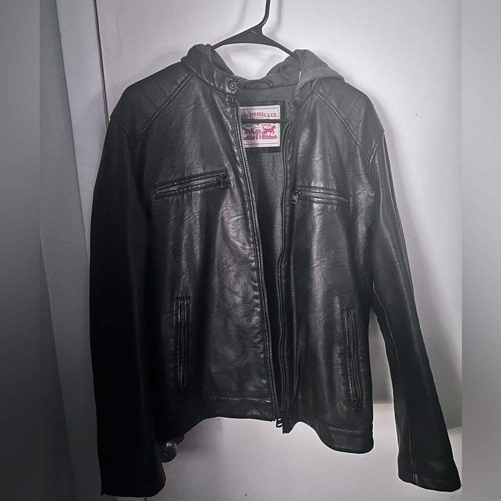 Levi leather jacket with hood